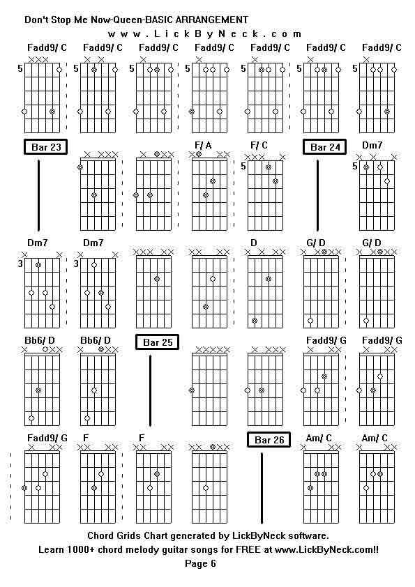 Chord Grids Chart of chord melody fingerstyle guitar song-Don't Stop Me Now-Queen-BASIC ARRANGEMENT,generated by LickByNeck software.